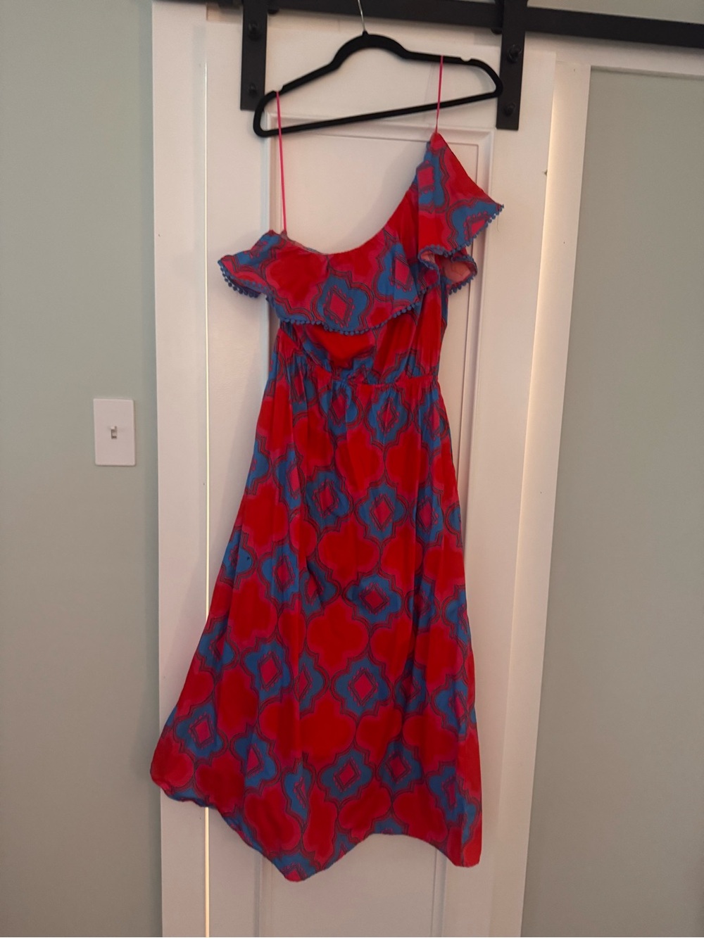 Sugarlips Red and Blue One-Shoulder Ruffle Maxi Dress